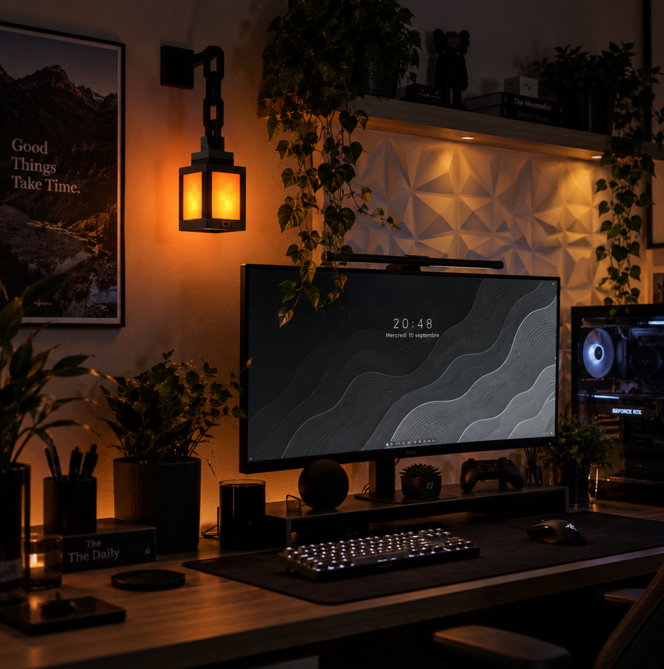 Lanterne Minecraft allumée dans un setup gaming