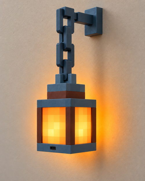 Lanterne Minecraft pixel allumée et fixée au mur