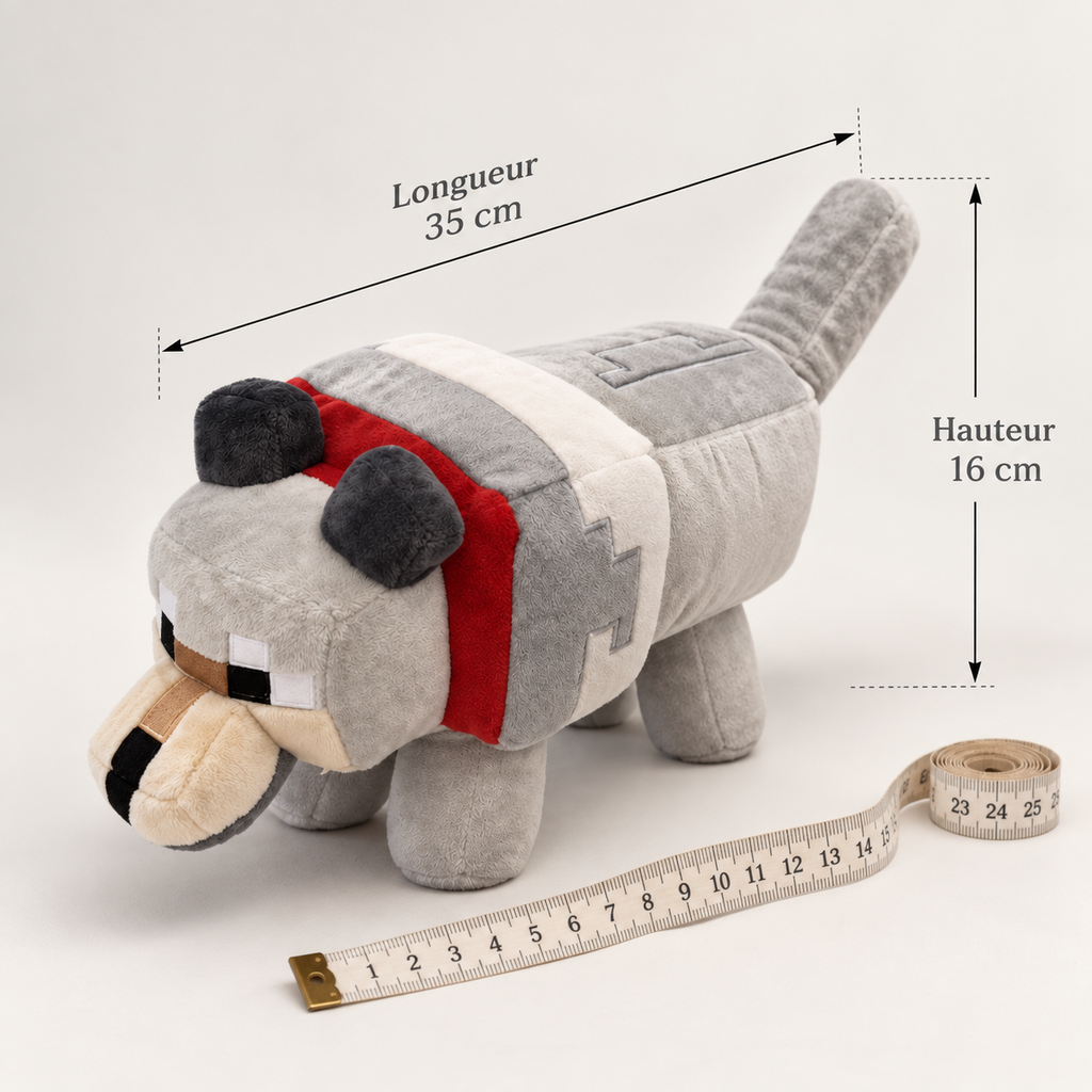 Peluche chien Minecraft grise avec dimensions 35 cm de longueur et 16 cm de hauteur