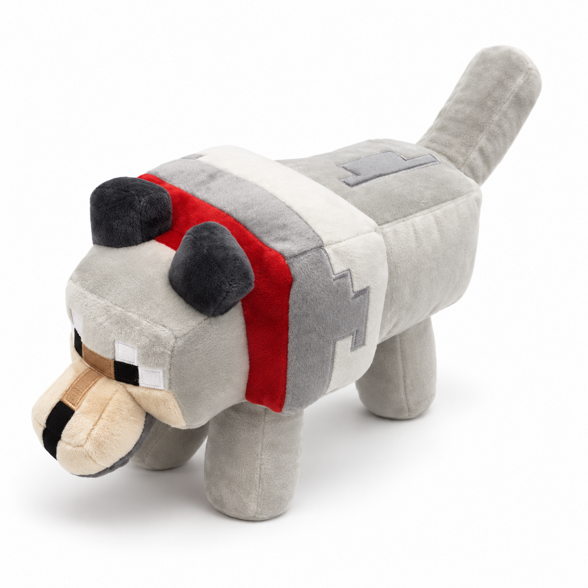 Peluche chien Minecraft grise vue de trois quarts sur fond blanc