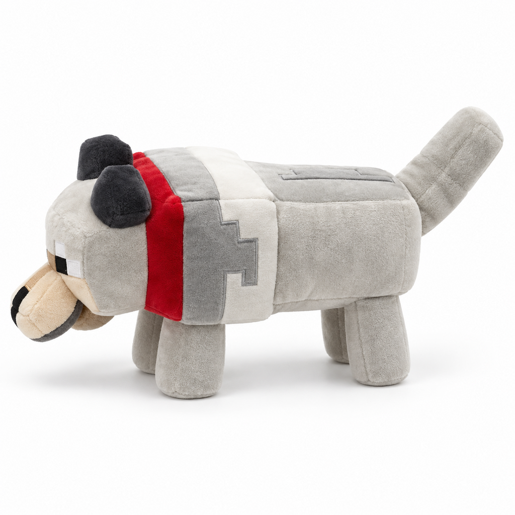 Peluche chien Minecraft grise vue de profil sur fond blanc