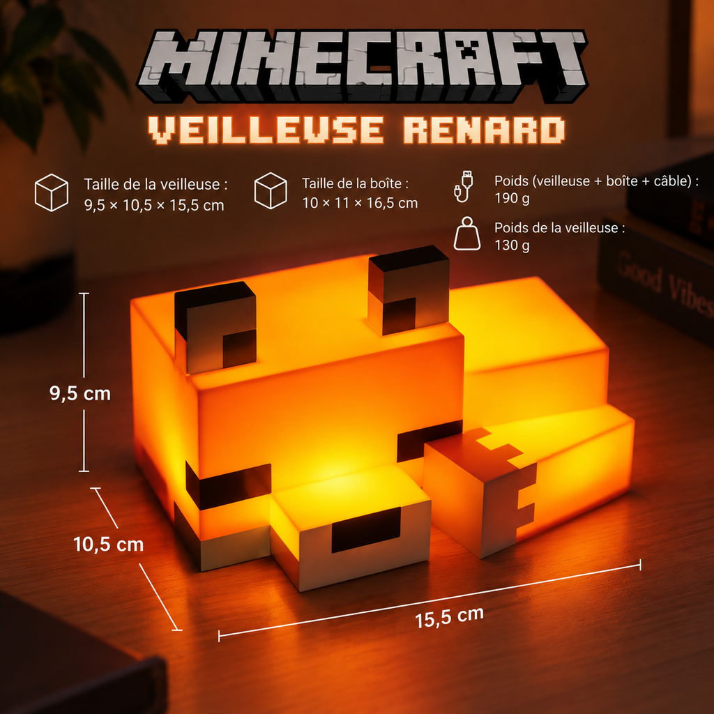 Veilleuse renard Minecraft avec dimensions et poids